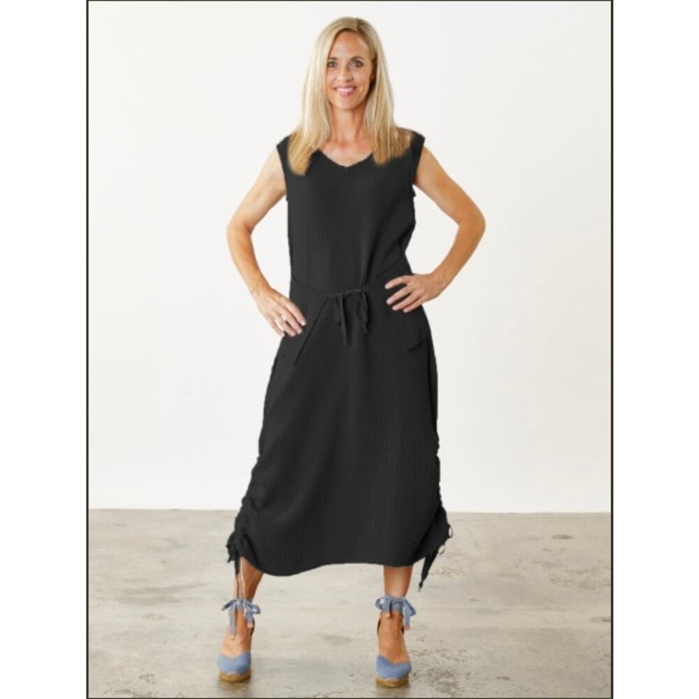 Bryn Walker Lagenlook Black Cotton Gauze Dress Side Ties Belted Pockets Boxy L